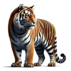Obraz premium Tiger isolated on a white background, Side view, tiger standing full HD image generated by Ai. full body, realistic, full detail looking at the camera.