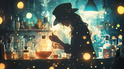 The enchanting world of magical potion brewing as the alchemist works wonders in the laboratory, illuminated by natural lighting. Alchemy. Illustration