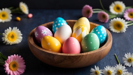Fototapeta premium Easter eggs in wooden bowl with flowers