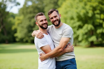 Obraz premium Gay couple embracing in a park, perfect for LGBTQ+ representation and love stories