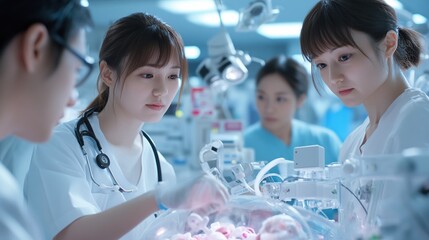 Medical professionals caring for infants in a neonatal unit.