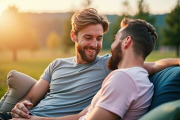 Obraz premium Romantic Sunset: Two Men Enjoying a Peaceful Moment in Nature