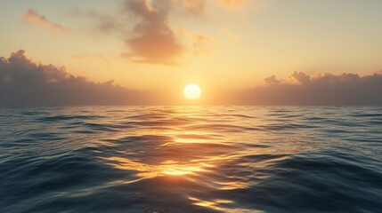 Fototapeta premium Calm ocean sunset with golden light reflecting on water.