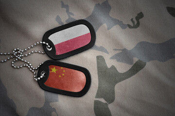 vintage army blank, dog tag with flag of poland and china on the khaki texture background. military...