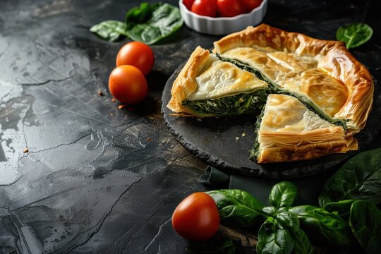 Greek cuisine Spanakopita pie with spinach and feta on dark background LEVITATION FOOD