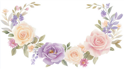 Watercolor floral frame with pink and purple roses in pastel shades, romantic