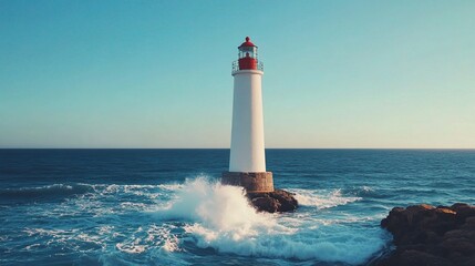 Fototapeta premium Majestic Lighthouse by the Sea Standing Tall Against the Waves