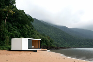 Minimalist white beach house on sandy shore, tropical mountain backdrop.