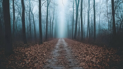 Naklejka premium Misty forest path with leaf-covered ground.