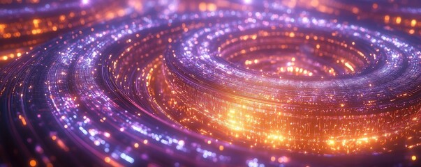 Obraz premium A vibrant, swirling pattern of lights in purple and orange hues, resembling cosmic energy or abstract digital waves.