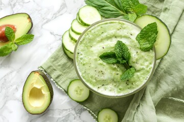 Green gazpacho with mint cucumber avocado and cream in a bowl on a green napkin on a white table