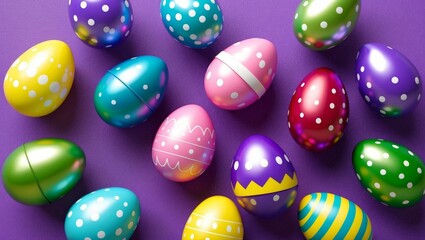 Metallic colors easter eggs on purple background