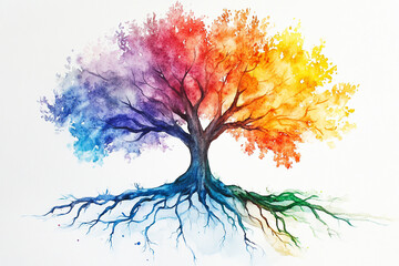 A watercolor painting of an elegant tree with roots, in rainbow colors, on a white background