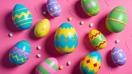 Retro cartoon easter eggs on pink background