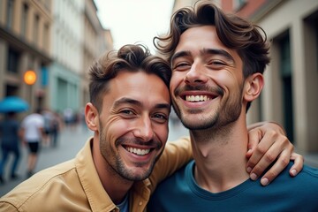 Fototapeta premium Joyful Embrace: Two Friends Sharing a Happy Moment in the City