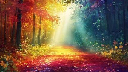 Fototapeta premium Vibrant Autumn Landscape with Colorful Leaves and Light Rays