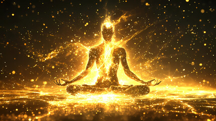 Radiant meditative figure bathed in golden cosmic energy symbolizing spiritual awakening enlightenment and the power of universal connection. Nirvana. Illustration