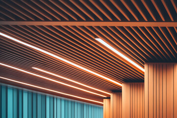 Modern interior design with wood slat ceiling and LED lighting.