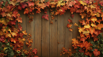 Autumn leaves on wooden fence. Fall season concept.