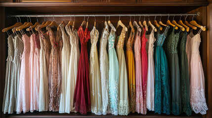 Full rack of long female dresses in various colors hanging on the wooden clothes hanger in the wardrobe closet. vintage aesthetic woman garments, beautiful retro feminine apparel.