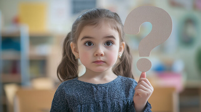 Little preschool girl standing in a classroom, female kid holding a question mark symbol or sign. ask and receive an answer, search for a solution to a problem. confused child learning, curious.