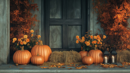 Autumn porch decoration with pumpkins and flowers