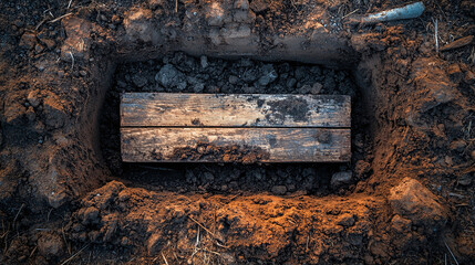 Top above view of wooden coffin casket buried in the hole in the ground. death funeral at the graveyard, grief and sorrow, rest in peace, dirt, rip.
