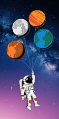Naklejka premium Astronaut holding colorful planet balloons in a cosmic scene