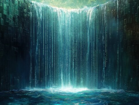 Digital waterfall cascades down wall of abstract blocks. Binary code flows in water like virtual stream. Tech, nature merge in digital scene. Futuristic, artistic. Abstract design. Ideal for tech