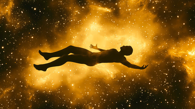 Man flying through cosmic nebula. visiting other dimensions and realms. lucid dreaming. Nirvana. Illustration
