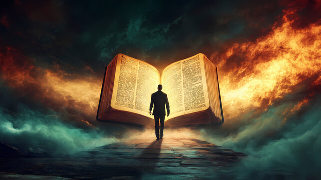Man walking towards an open illuminated bible symbolizing the path of faith and enlightenment through scripture and spiritual journey. Nirvana. Illustration