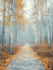 Obraz premium A simple wooden path through a dense birch forest in early autumn, with golden leaves scattered across the ground