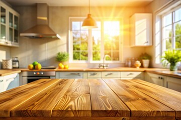 Miniature kitchen scene: a bright, empty wooden table, captured with tilt-shift's enchanting shallow focus.