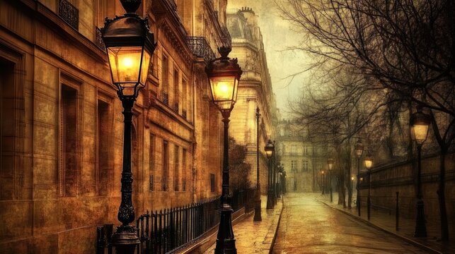 Fototapeta Atmospheric Parisian street scene at dusk, with glowing lampposts and old buildings.