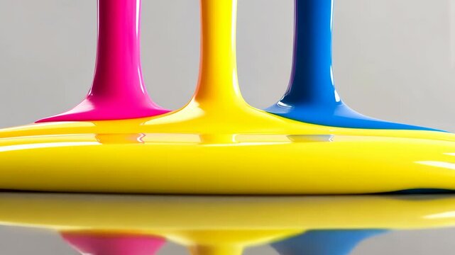 Colorful paint drips create an artistic display on a shiny surface in a creative studio setting