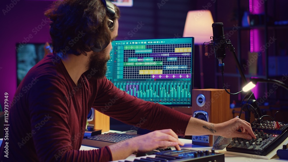 Fototapete Sound engineer operates recording equipment and oversees audio performances to ensure the perfect notes. Musician composer producing sounds with MIDI controller and mixing console. Camera A.