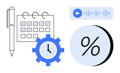 Calendar with checkboxes, blue clock gear, pen, percentage symbol, and audio play button. Ideal for time management, organization, productivity, financial calculations, task tracking, business