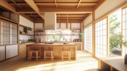Bright and Airy Open Kitchen with Natural Light and Wood Elements