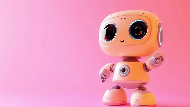A cheerful, toy-like robot stands on a pink background, representing friendly AI and child-friendly technology.. AI Generation