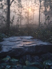 A smooth stone platform set in a misty forest at dawn, surrounded by small