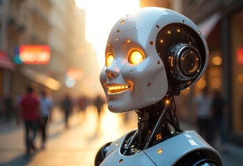 Fototapeta premium Robot with glowing features interacts with passersby in a bustling urban street at sunset