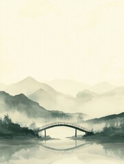 Obraz premium A soft Chinese ink wash background with a light cream-colored texture, The top part shows a distant mountain range shrouded in mist