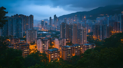 Obraz premium Night cityscape view of high-rise buildings and mountains.