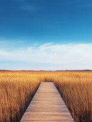 Fototapeta premium A straight wooden boardwalk crossing a field of tall, golden grasses under a vast blue sky
