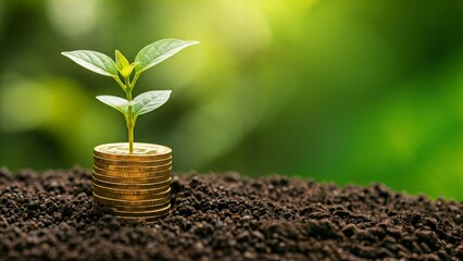 A young plant growing from a stack of coins on fertile soil with a green bokeh background.