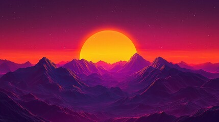 Vibrant Orange and Purple Sunset Behind Majestic Mountain Range