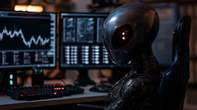 Alien robot monitoring stock market data on computer screens.