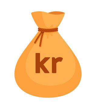 Beige money bag with Swedish (SEK), Norwegian (NOK), Danish krone (DKK). Economy, finance, wealth, profit, income, banking, kr currency concept. Flat vector illustration isolated on a white background