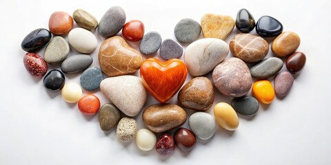 Minimalist heart-shaped pebbles, smooth and white, beautifully photographed against a pure white backdrop.