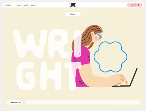 Writing people, modern flat vector concept illustration- sitting woman thoughtfully writing on laptop, bubble near head Metaphor for reflection, personal insight, contemplation, creative expression